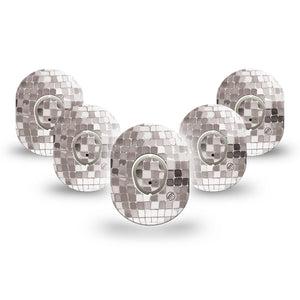 ExpressionMed Mirror Ball Dexcom G7 and Dexcom Stelo Glucose Biosensor System Mini, 5-Pack Tape and 5-Pack Sticker Sparkling disco inspired Sensor Cover for Continuous Glucose Monitor