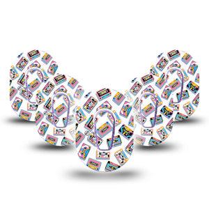 ExpressionMed Vintage Music Tapes Dexcom G6 Mini Tape 5-Pack Tape and 5-Pack Sticker Funky Bright Music Tapes, Adhesive Tape CGM Design