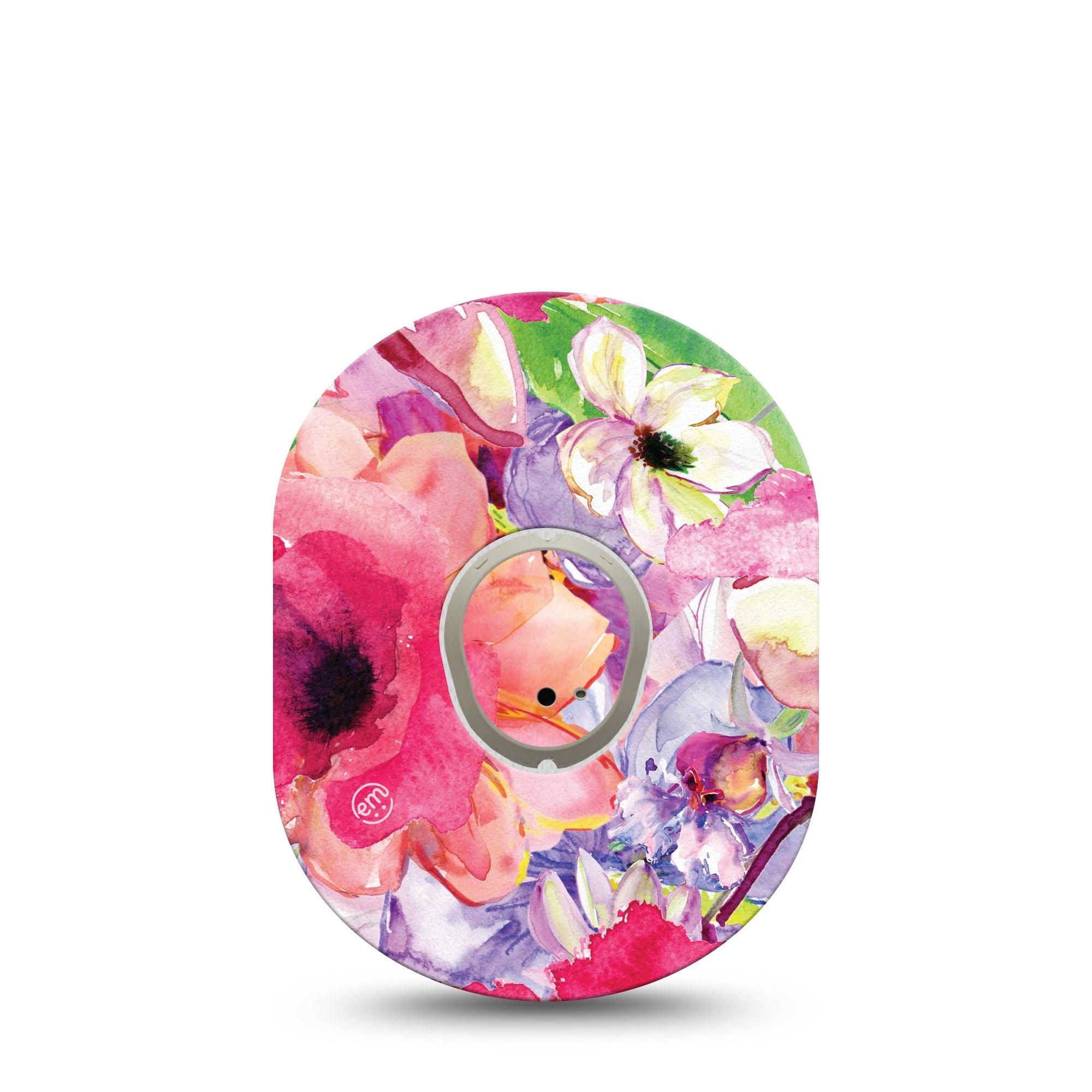 ExpressionMed Watercolor Red Flowers Dexcom G7 Tape, Dexcom Stelo Glucose Biosensor System,  Single Tape and Single Sticker Painted Pink Florals Overlay Tape Continuous Glucose Monitor Design