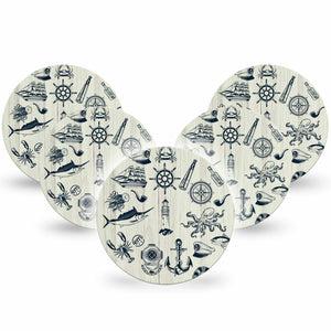 ExpressionMed Nautical Seas Freestyle Libre and Libre 2 Plus Overpatch, Abbott Lingo, 5-Pack Tape Anchor and Compass, Fixing Ring Patch CGM Design