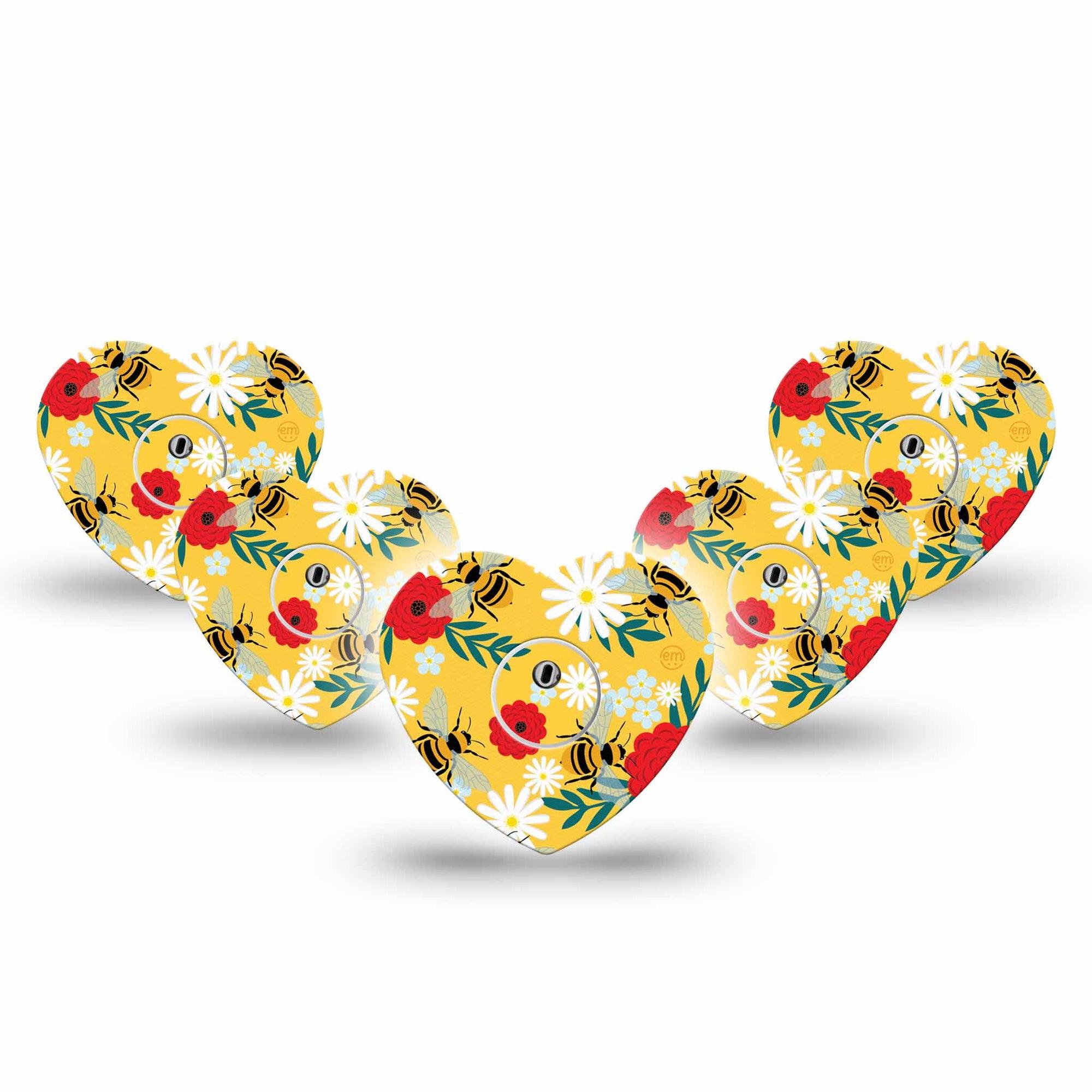 ExpressionMed Bees and Flowers Freestyle Libre 3 and Libre 3 Plus Heart Shape Tape 5-Pack Tape and 5-Pack Sticker Bee Harmony Overlay Tape CGM Design