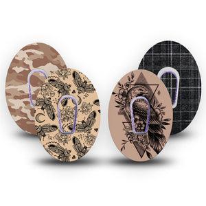 ExpressionMed Black and Tan Variety Pack Variety Pack Dexcom G6 Tape, 4-Pack Tape and 4-Pack Sticker Variety Cool Moths and Hawk, Plaster Continuous Glucose Monitor Design