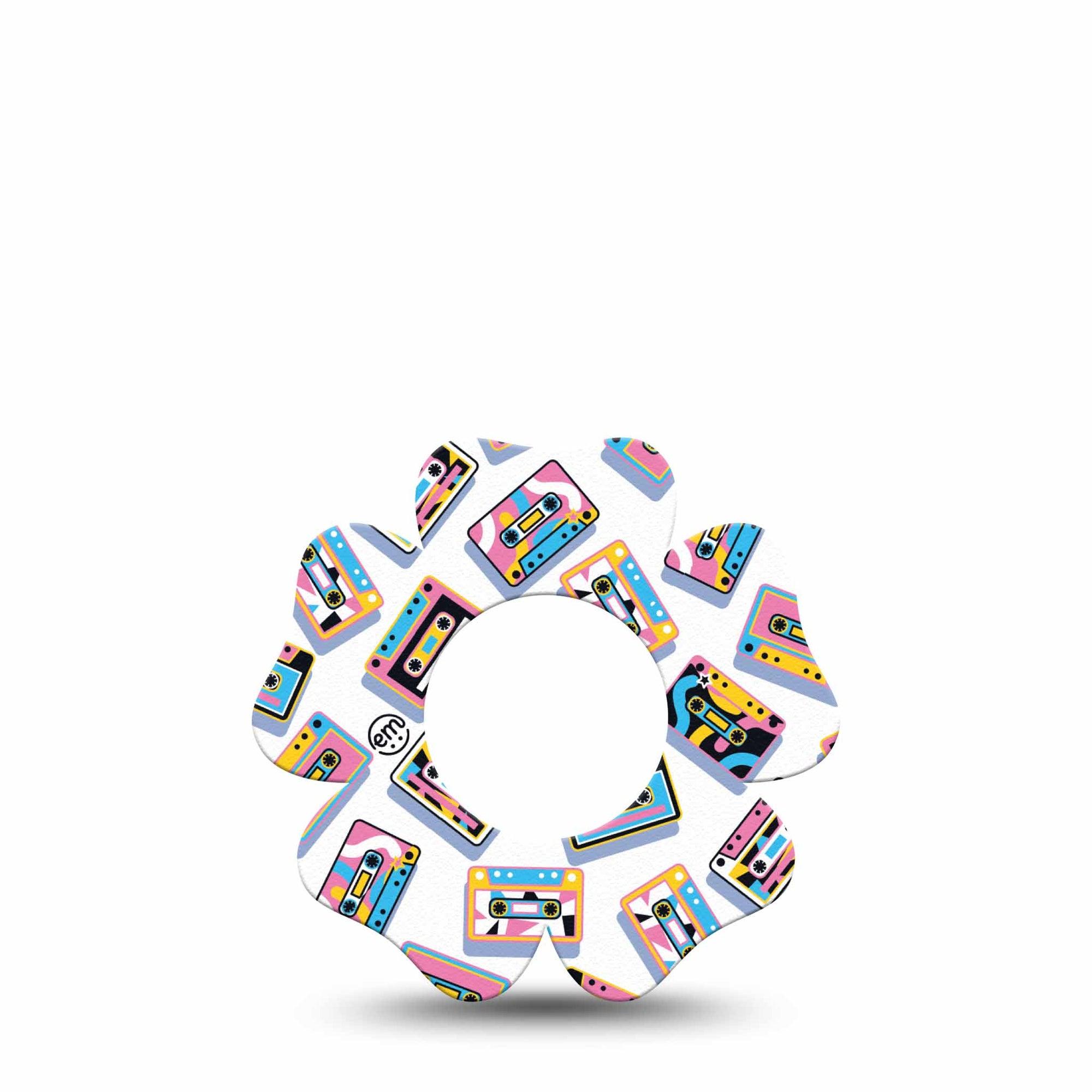 ExpressionMed Vintage Music Tapes Freestyle Libre 2 and Libre 2 Plus Flower Shape Tape, Abbott Lingo,  Single Tape Neon Cassette Tapes, Fixing Ring Tape CGM Design