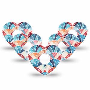ExpressionMed Watercolor Fan Freestyle Libre 3 and Libre 3 Plus Heart, 5-Pack Soft blue red tone fan pattern Overlay Tape for Continuous Glucose Monitor