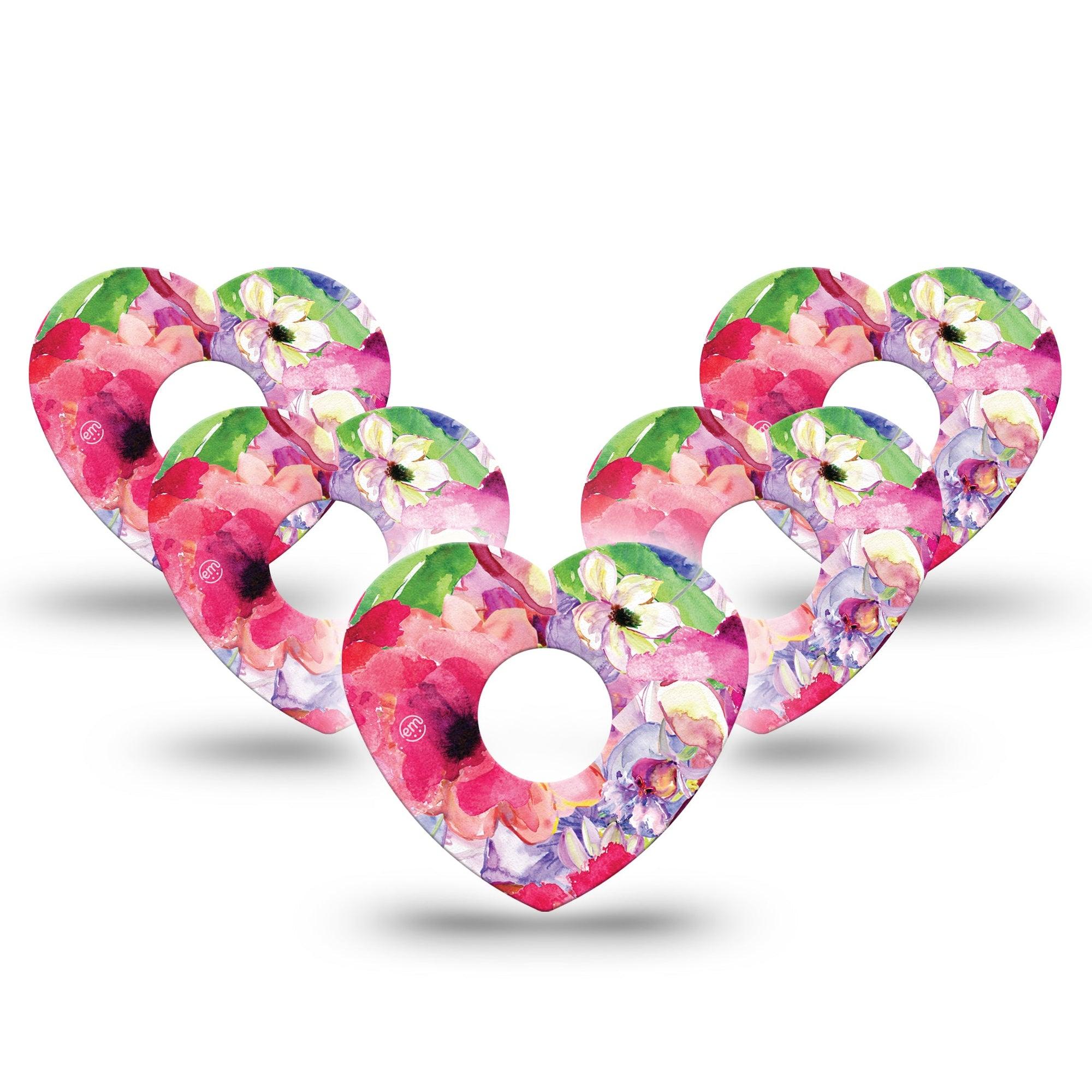 ExpressionMed Watercolor Red Flowers Freestyle Libre 3 Heart Shape Tape 5-Pack Bold Pink Flowers Patch CGM Design