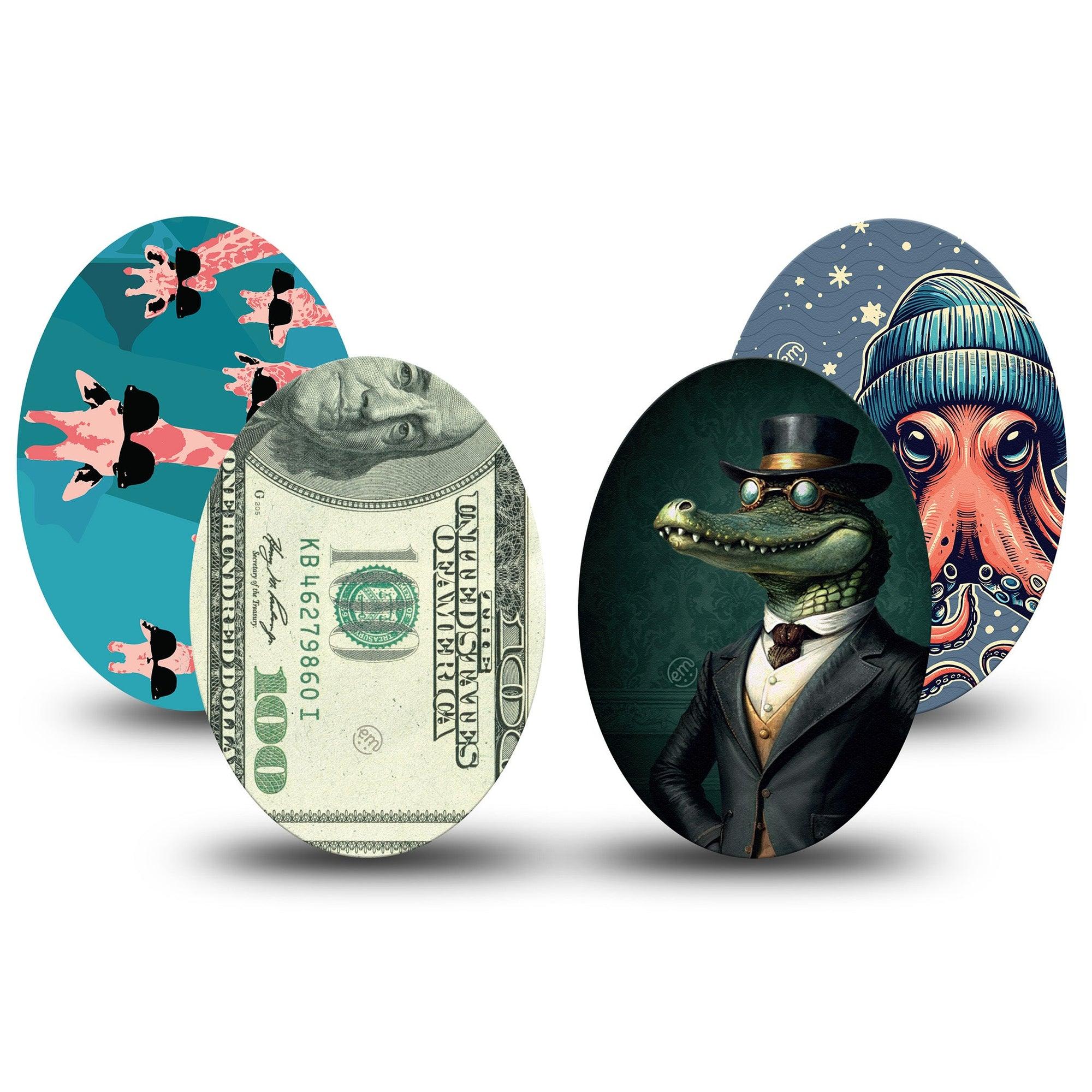 ExpressionMed Action Crew Variety Pack Variety Pack Medtronic Guardian Enlite Universal Oval, 4-Pack Tape Variety Cheeky Fun Animal Characters, Plaster CGM Design