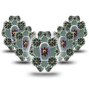 ExpressionMed Green Embroidery Dexcom G6 Flower Shape Tape, 5-Pack Tape and 5-Pack Sticker Green Tone Florals, Adhesive Patch Continuous Glucose Monitor Design