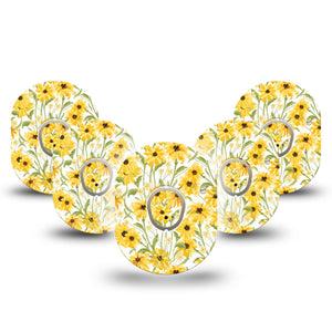 ExpressionMed Yellow Mosaic Floral Dexcom G7 Tape, Dexcom Stelo Glucose Biosensor System, 5-Pack Tape and 5-Pack Sticker Cute Sunflower Field, Overlay Tape CGM Design