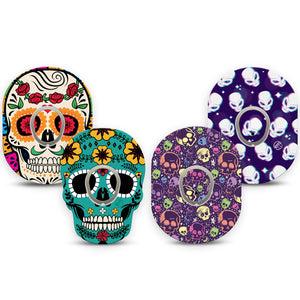 ExpressionMed Skulls Variety Pack Dexcom G7 Tape, Dexcom Stelo Glucose Biosensor System, 4-Pack Tape and 4-Pack Sticker Variety, Whismical Skull Heads, Overlay Tape CGM Design