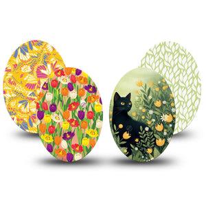 ExpressionMed Vivid Garden Medtronic Guardian Enlite Universal Oval, 4-Pack Tape Black cat in flower field Best Covers for CGM