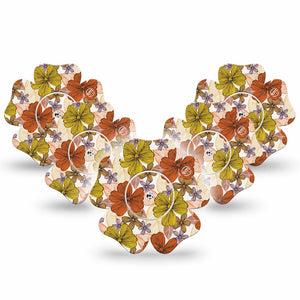 ExpressionMed Burnt Orange Floral Freestyle Libre 2 Flower Shape Tape, Abbott Lingo,  5-Pack Tape and 5-Pack Sticker Old Floral Artwork Inspired Fixing Ring Tape CGM Design