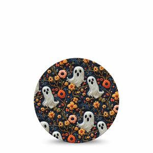 ExpressionMed Embroidered Ghost Freestyle Libre and Libre 2 Plus Overpatch, Abbott Lingo, Single Tape Orange Florals and Ghouls, Fixing Ring Patch CGM Design