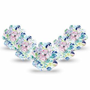 ExpressionMed Subdued Tropics Freestyle Libre 3 Flower Shape Tape 5-Pack Tape and 5-Pack Sticker Pastel Blue-Toned Tropical Flowers Painting Plaster CGM Design