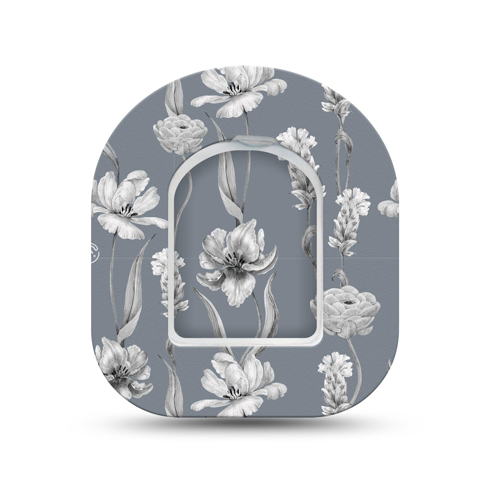 ExpressionMed Muted Petals Omnipod Surface Center Sticker and Mini Tape Gray and White Themed Vinyl Sticker and Tape Design Pump Design