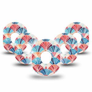 ExpressionMed Watercolor Fan Dexcom G7 and Dexcom Stelo Glucose Biosensor System, 5-Pack Red blue fan shape Adhesive Patch for Continuous Glucose Monitor