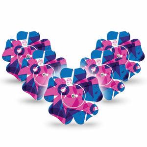 ExpressionMed Retro Brush Stroke Freestyle Libre 2 and Libre 2 Plus Flower Shape Tape, Abbott Lingo, 5-Pack Tape and 5-Pack Sticker Pink And Blue Mix, Plaster CGM Design