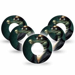 ExpressionMed Dapper Alligator Freestyle Libre and Libre 2 Plus Tape, Abbott Lingo, 5-Pack Tape Stylish Alligator Guy, Fixing Ring Tape Continuous Glucose Monitor Design