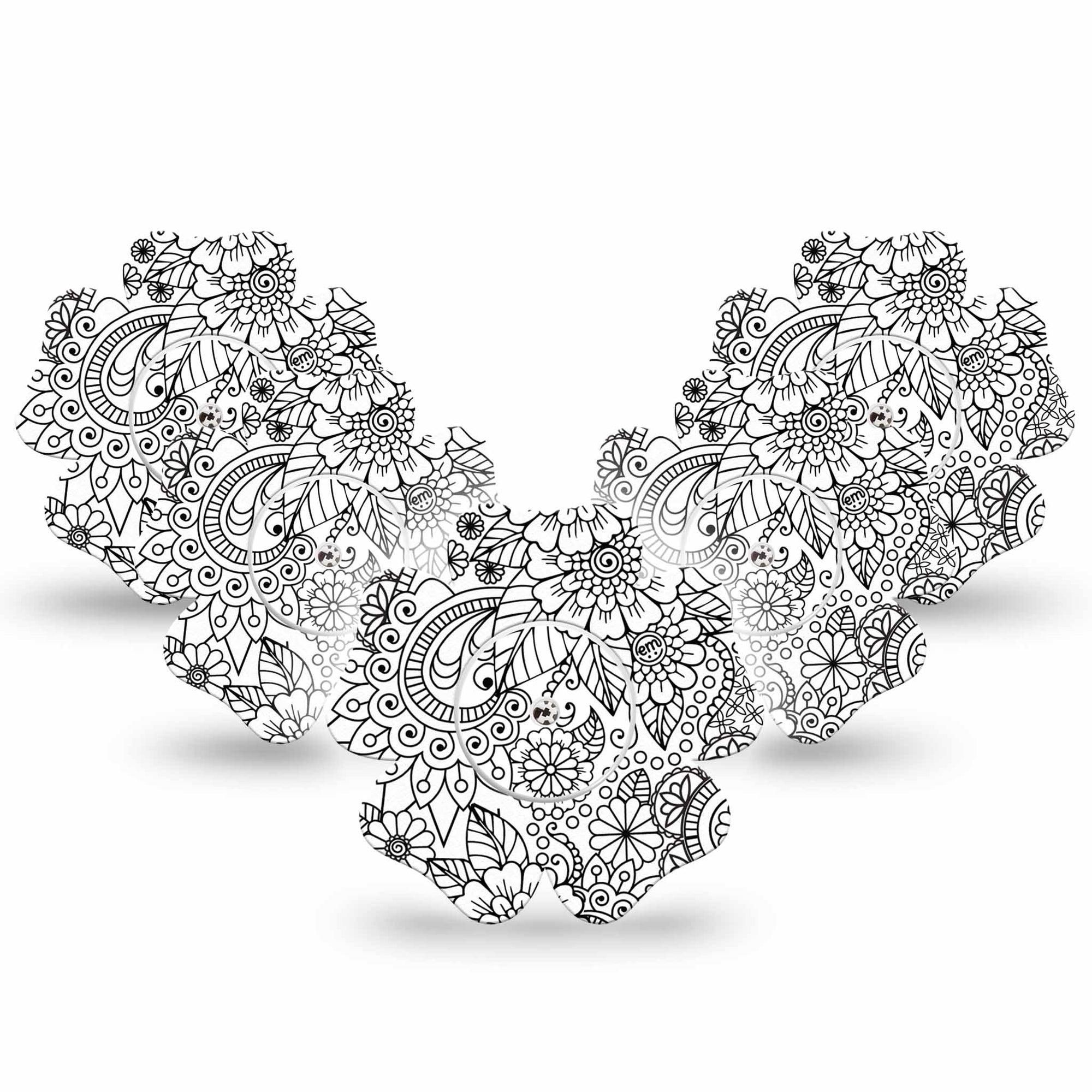 ExpressionMed Color Me Flower Freestyle Libre 2 and Libre 2 Plus Flower Shape Tape, Abbott Lingo, 5-Pack Tape and 5-Pack Sticker Black White Design Plaster CGM Design