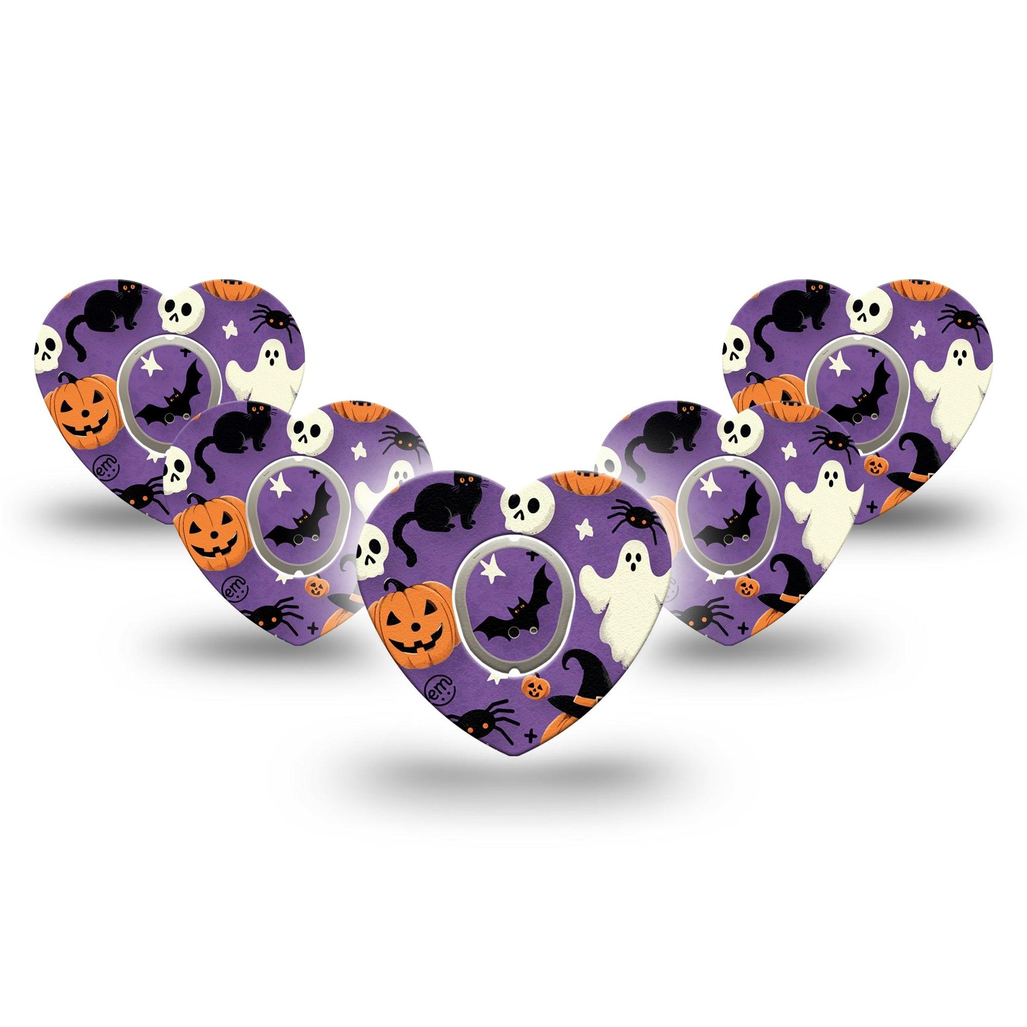 ExpressionMed Happy Halloween Dexcom G7 Heart Shape Tape, Dexcom Stelo Glucose Biosensor System, 5-Pack Tape and 5-Pack Sticker Purple Halloween Motifs Overlay Patch CGM Design