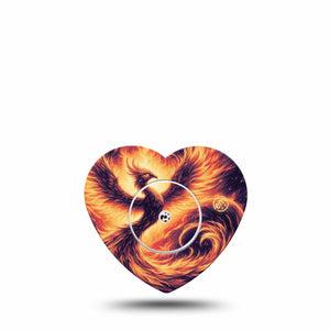 ExpressionMed Rising Phoenix Freestyle Libre 2 and Libre 2 Plus Heart Shape Tape, Abbott Lingo, Single Tape and Single Sticker Golden Fire Bird, Adhesive Patch CGM Design