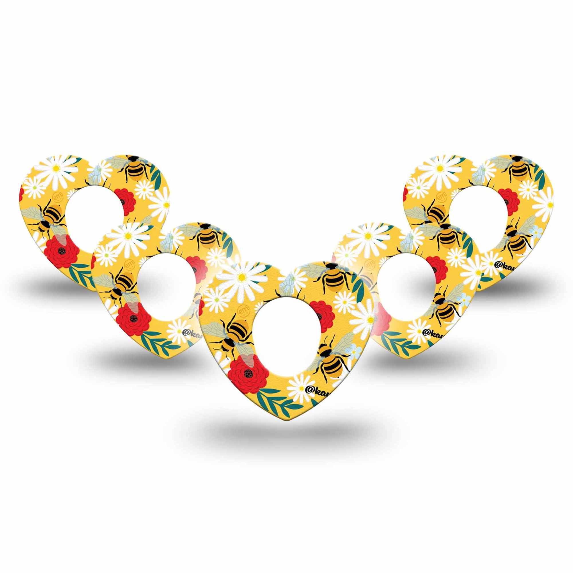 ExpressionMed Bees and Flowers Dexcom G7 Heart Shape Tape, Dexcom Stelo Glucose Biosensor System, 5-Pack Tape Garden Bees Plaster CGM Design
