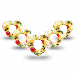 ExpressionMed Bees and Flowers Dexcom G7 Heart Shape Tape, Dexcom Stelo Glucose Biosensor System, 5-Pack Tape Garden Bees Plaster CGM Design