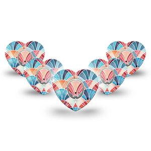 ExpressionMed Watercolor Fan Dexcom G7 and Dexcom Stelo Glucose Biosensor System Heart, 5-Pack Tape and 5-Pack Sticker Red blue fan shape Overlay Patch for Continuous Glucose Monitor