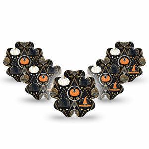 ExpressionMed Art Deco Halloween Freestyle Libre 3 and Libre 3 Plus Flower Shape Tape 5-Pack Tape and 5-Pack Sticker Halloween Pumpkins Witch Hats, Plaster CGM Design