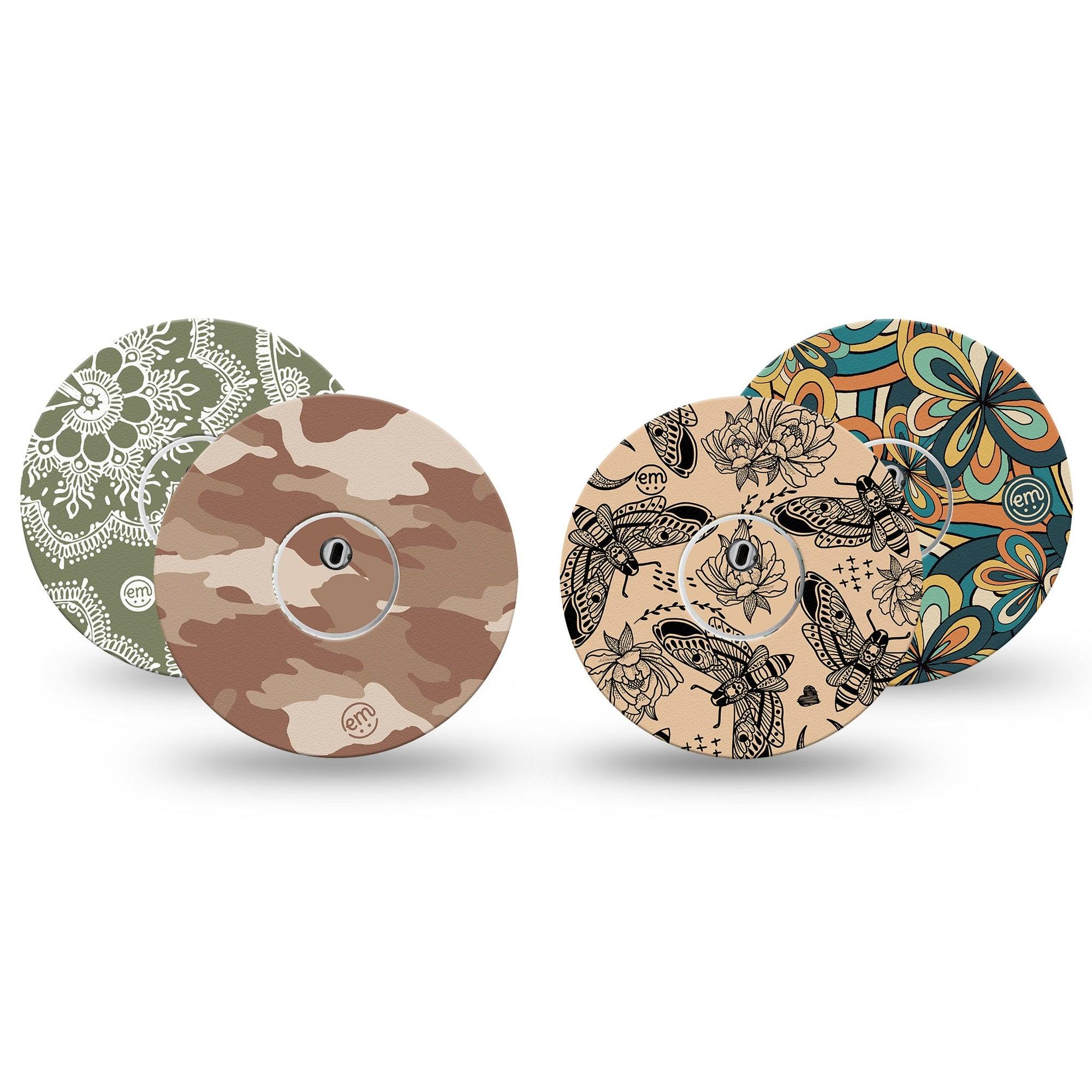 ExpressionMed Khaki Florals Variety Pack Freestyle Libre 3 and Libre 3 Plus Tape 4-Pack Tape and 4-Pack Sticker Variety Earth Tones Variety Prints, Adhesive Tape Continuous Glucose Monitor Design