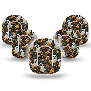 ExpressionMed Embroidered Ghost Omnipod Mini Tape, 5-Pack Tape and 5-Pack Sticker Orange Florals and Ghouls, Adhesive Tape Pump Design