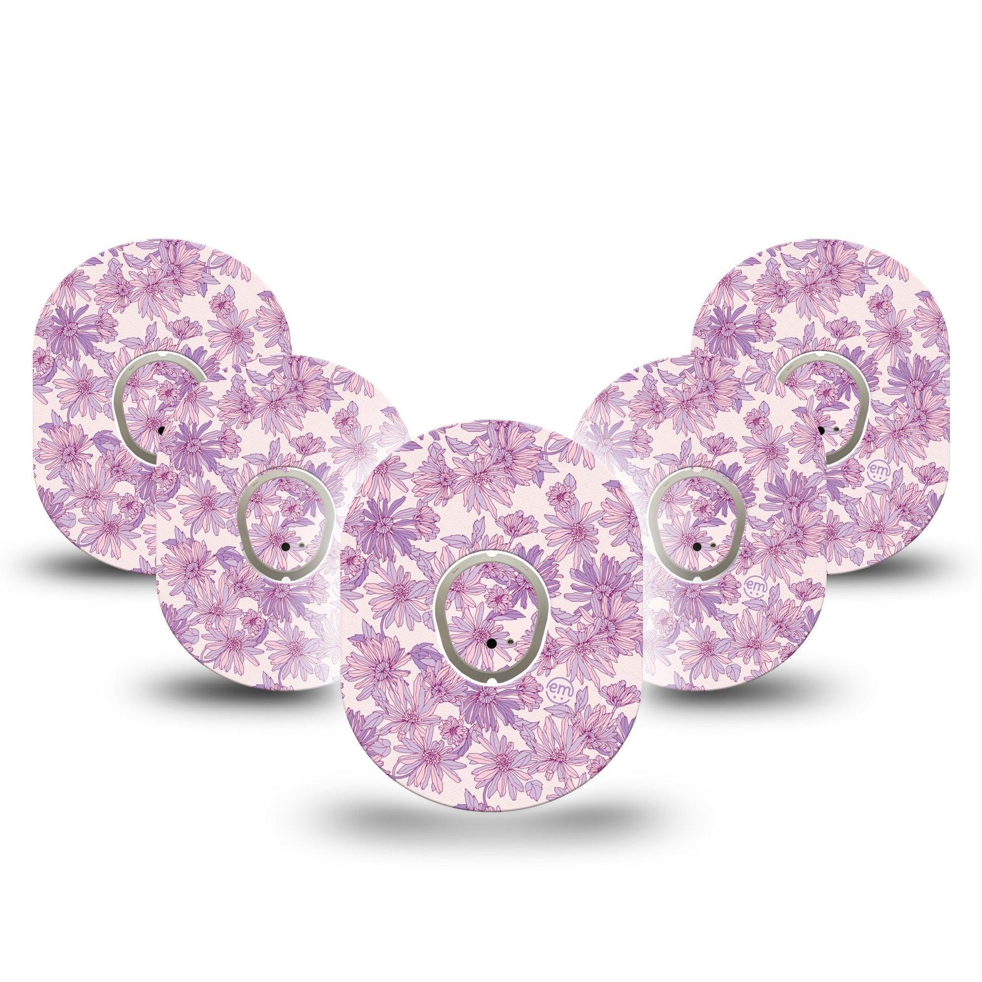 ExpressionMed Purple Daisy Dexcom G7 Tape, Dexcom Stelo Glucose Biosensor System, 5-Pack Tape and 5-Pack Sticker Lilac Daisy Garden, Overlay Tape CGM Design