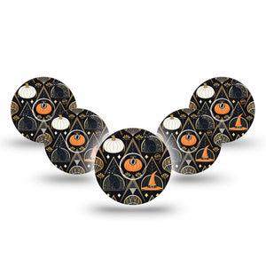 ExpressionMed Art Deco Halloween Freestyle Libre 3 and Libre 3 Plus Tape, 5-Pack Tape and 5-Pack Sticker Geometric Halloween Style, Adhesive Tape Continuous Glucose Monitor Design