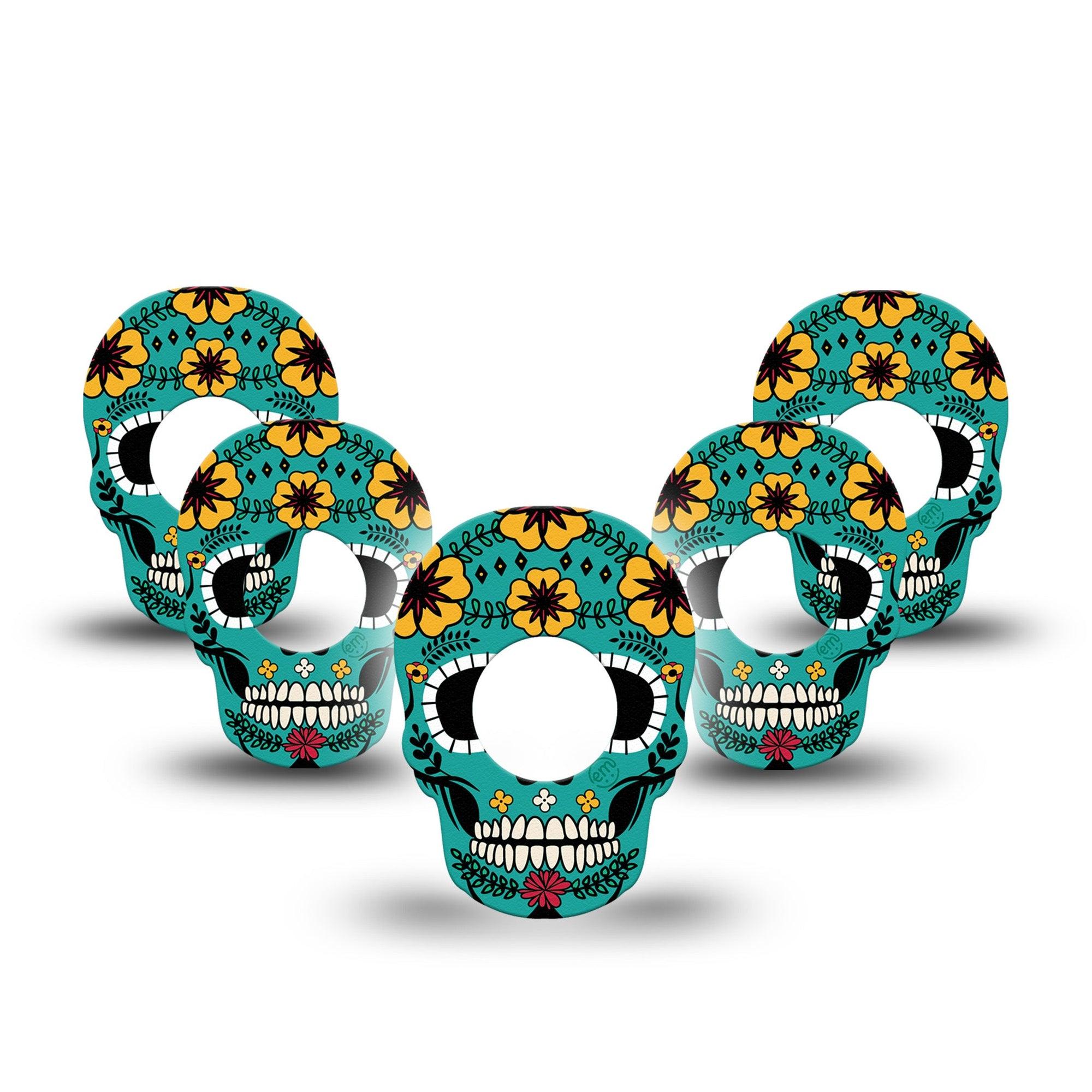 ExpressionMed Teal Skull Freestyle Libre 2 Skull Shape Tape, Abbott Lingo, 5-Pack Floral Petals Skull Inspired Plaster Continuous Glucose Monitor Design