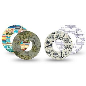 ExpressionMed Vintage Voyager Variety Pack Freestyle Libre and Libre 2 Plus Tape, Abbott Lingo, 4-Pack Tape Variety Land and Sea, Fixing Ring Tape Continuous Glucose Monitor Design