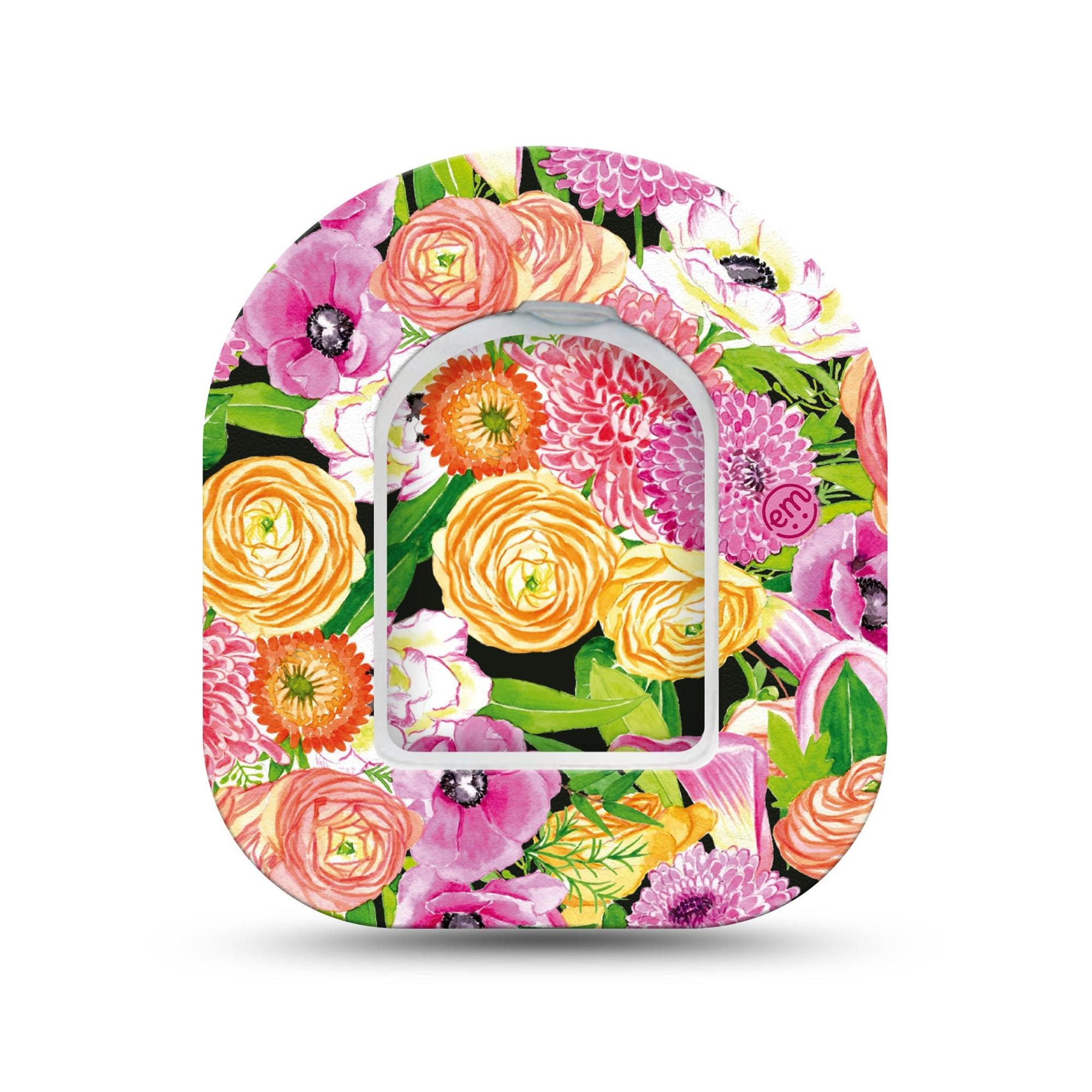 ExpressionMedHand Painted Flowers Omnipod StickerPod Surface Center StickerSingle Sticker with matching Single Pod Tape illustrated flowersVinyl DecorationPump design