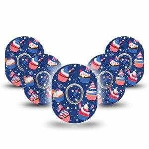 ExpressionMed Patrioitc Cupcakes Dexcom G7 Tape, Dexcom Stelo Glucose Biosensor System,  5-Pack Tape and 5-Pack Sticker Americana Treats Cupcakes Overlay Tape Continuous Glucose Monitor Design