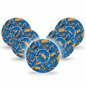 ExpressionMed Construction Trucks Freestyle Libre and Libre 2 Plus Tape, Abbott Lingo, 5-Pack Tape and 5-Pack Sticker Bulldozer Truck Print, Fixing Ring Tape Continuous Glucose Monitor Design