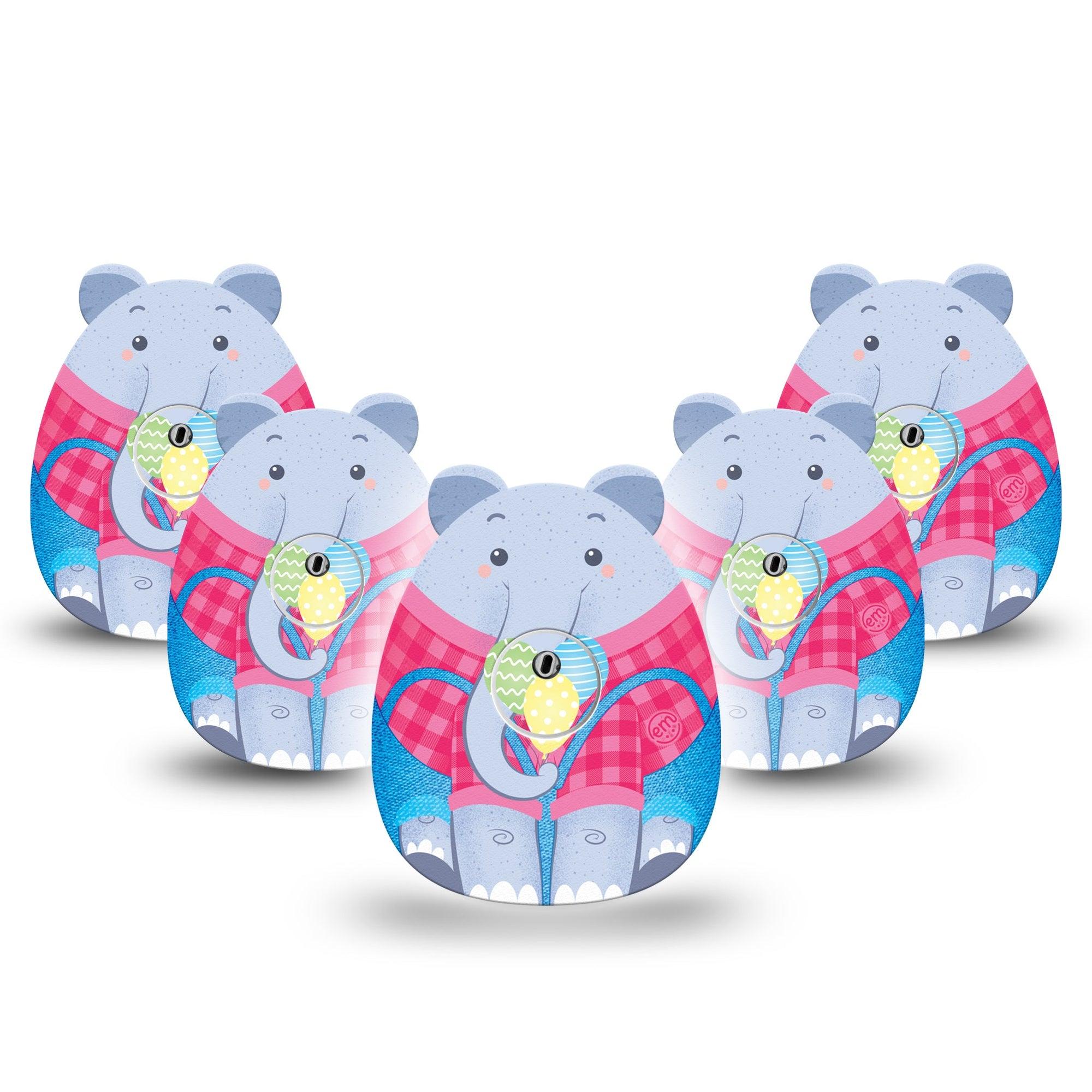 ExpressionMed Circus Elephant Freestyle Libre 3 Gumdrop Shape Tape 5-Pack Tape and 5-Pack Sticker Balloon Carrying Elephant, Overlay Patch CGM Design