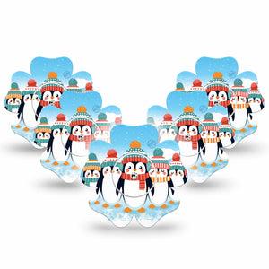 ExpressionMed Penguins In Row Freestyle Libre 2 Flower Shape Tape, Abbott Lingo, 5-Pack Tape and 5-Pack Sticker Group of Holiday Penguins, Plaster CGM Design