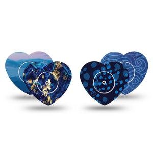 ExpressionMed Deep Currents Variety Pack Freestyle Libre 2 and Libre 2 Plus Heart Shape Tape, Abbott Lingo,  4-Pack Tape and 4-Pack Sticker Variety, Abstract Blues, Adhesive Patch CGM Design