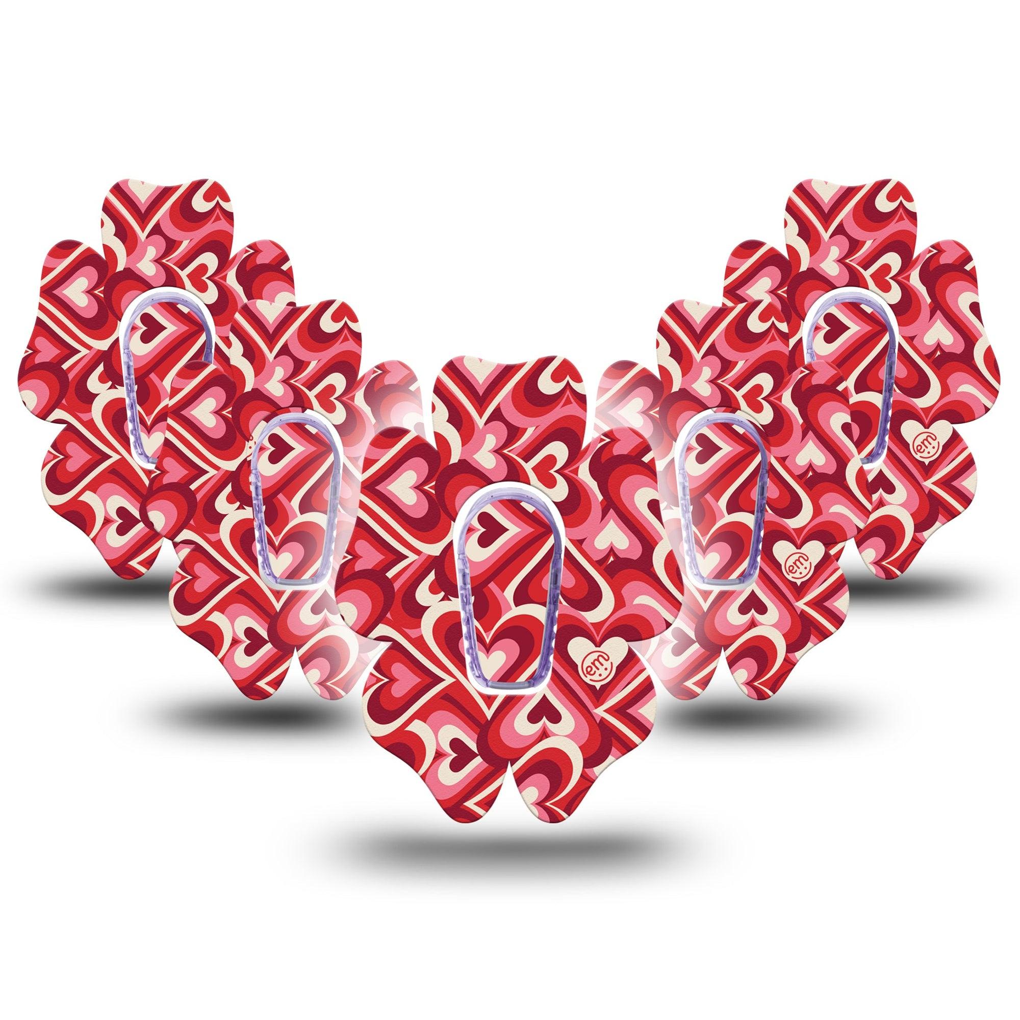 ExpressionMed Valentine Hearts Dexcom G6 Flower Shape Tape 5-Pack Tape and 5-Pack Sticker Red Pink Brown Hearts, Adhesive Patch Continuous Glucose Monitor Design