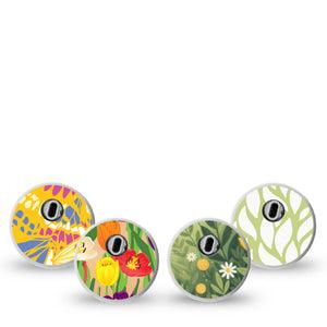 ExpressionMed Vivid Garden Freestyle Libre 3 and Libre 3 Plus Sticker, 4-Pack Sticker Yellow butterfly wings and tulips Vinyl Decoration for CGM