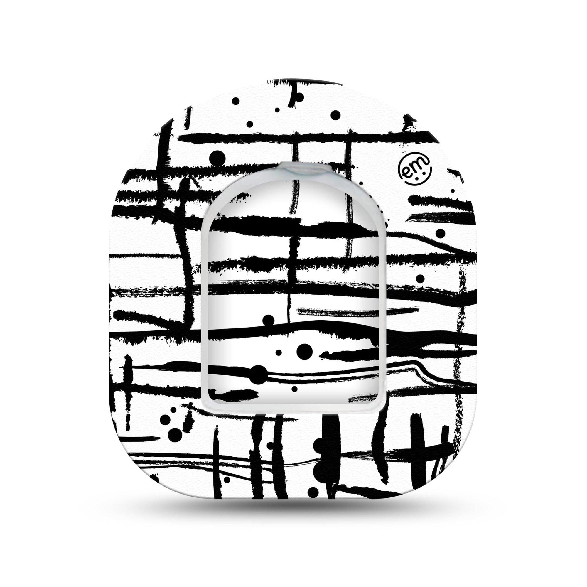 ExpressionMed B&W Drip Omnipod Surface Center Sticker and Mini Tape Black Dripped and Splattered Paint Vinyl Sticker and Tape Design Pump Design