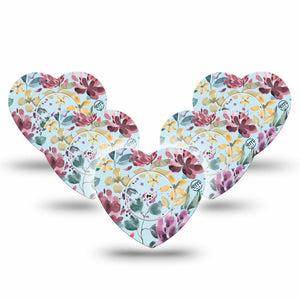 ExpressionMed Botanical Blooms Freestyle Libre 2 Heart Shape Tape, Abbott Lingo,  5-Pack Tape and 5-Pack Sticker Watercolor Purple Floral Adhesive Patch CGM Design