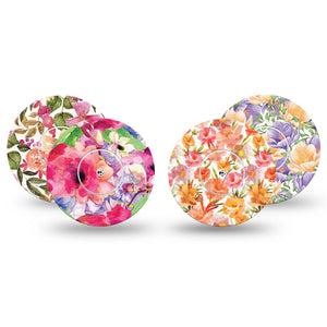 ExpressionMed Blooming Radiance Variety Pack Freestyle Libre and Libre 2 Plus Tape, Abbott Lingo, 4-Pack Tape and 4-Pack Sticker Variety Summer Florals, Fixing Ring Tape Continuous Glucose Monitor Design