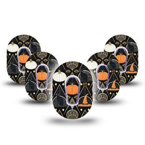 ExpressionMed Art Deco Halloween Dexcom G6 Mini Tape, 5-Pack Tape and 5-Pack Sticker Vintage Luxurious Inspired Halloween, Adhesive Tape CGM Design