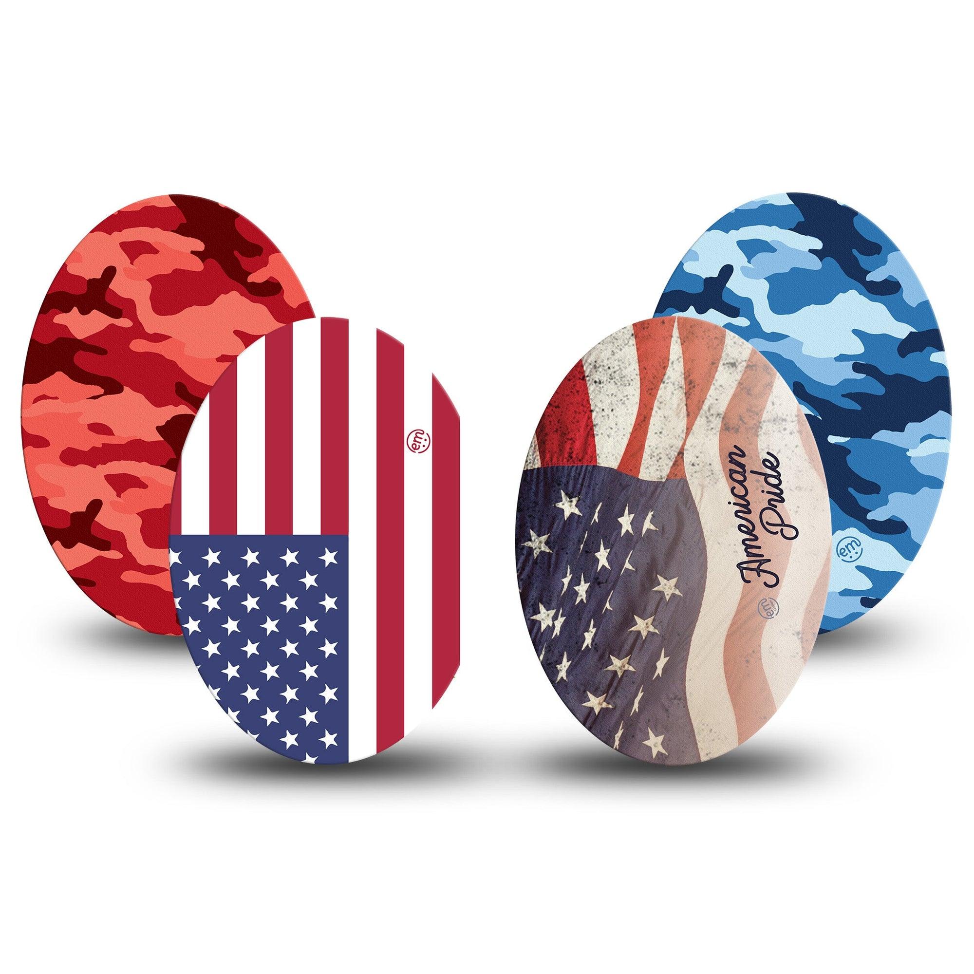 ExpressionMed American Dream Medtronic Guardian Enlite Universal Oval 4-Pack Variety Camo and USA Flag Prints Plaster Continuous Glucose Monitor Design