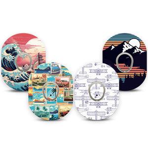 ExpressionMed Wander & Roam Variety Pack Dexcom G7 Tape, Dexcom Stelo Glucose Biosensor System, 4-Pack Tape and 4-Pack Sticker Variety, Vacation Themed, Overlay Tape CGM Design