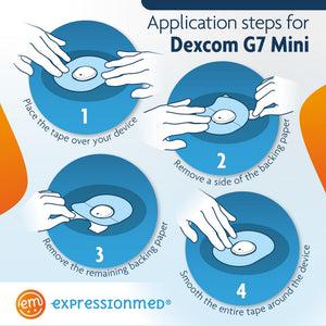 ExpressionMed Application Instructions. 1. Prep skin with soap and water. 2. Remove one side of the backing paper. 3. Place the tape over your device.3. Remove the remaining backing paper. 5. Smooth the entire tape around the device.
