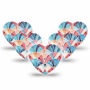 ExpressionMed Watercolor Fan Freestyle Libre, Libre 2 Plus, and Abbott Lingo Heart, 5-Pack Tape and 5-Pack Sticker Red blue fan shape Plaster for Continuous Glucose Monitor